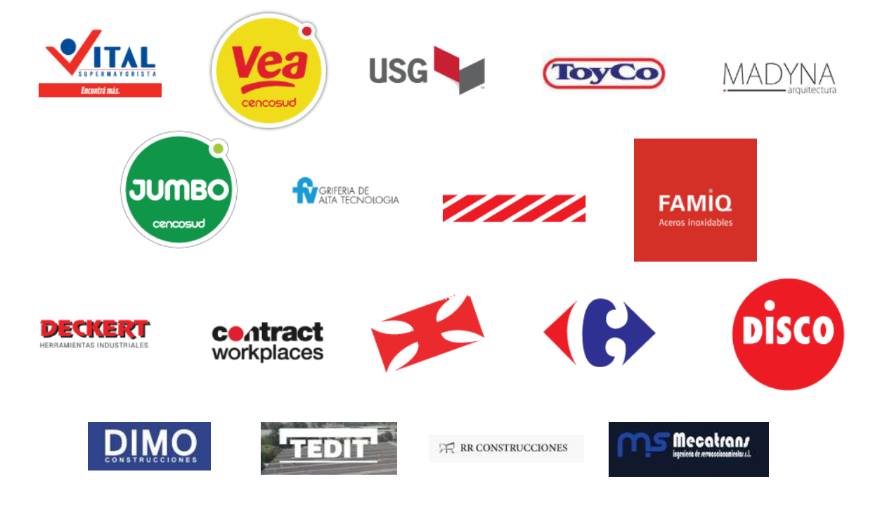 Logos de nuestros clientes: VITAL SUPERMAYORISTA, Vea cencosud, USG, ToyCo, MADYNA arquitectura, JUMBO cencosud, fv GRIFERIA, FAMIQ Aceros, DECKERT HERRAMIENTAS, contract workplaces, Carrefour, DISCO, DIMO CONSTRUCCIONES, TEDIT, RR CONSTRUCCIONES, ms Mecatrans